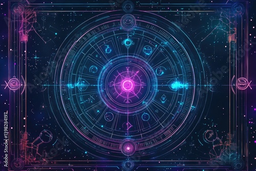 Obraz na płótnie Astrology inspired futuristic tarot card design with holographic zodiac symbols w salonie