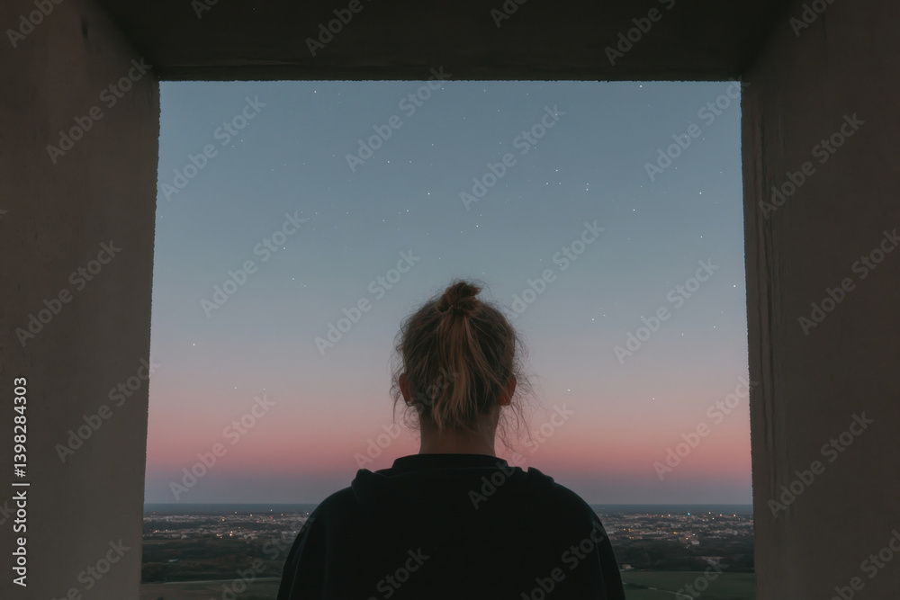 Fototapeta premium A woman with a ponytail is looking out of a window at the sky