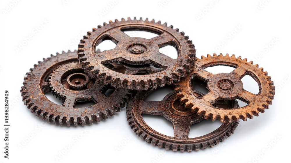 Rusty gears stacked on white background, mechanical parts, industrial Rusty gears stacked on white background, mechanical parts, industrial