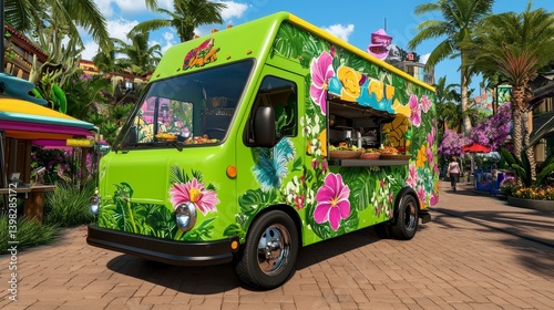 Vibrant Green Food Truck with Tropical Floral Design in Sunny Marketplace