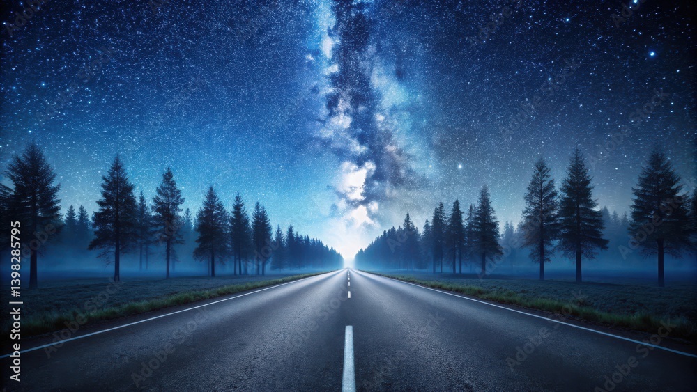 Naklejka premium Asphalt Road Leading Through a Misty Forest Under a Starry Night Sky