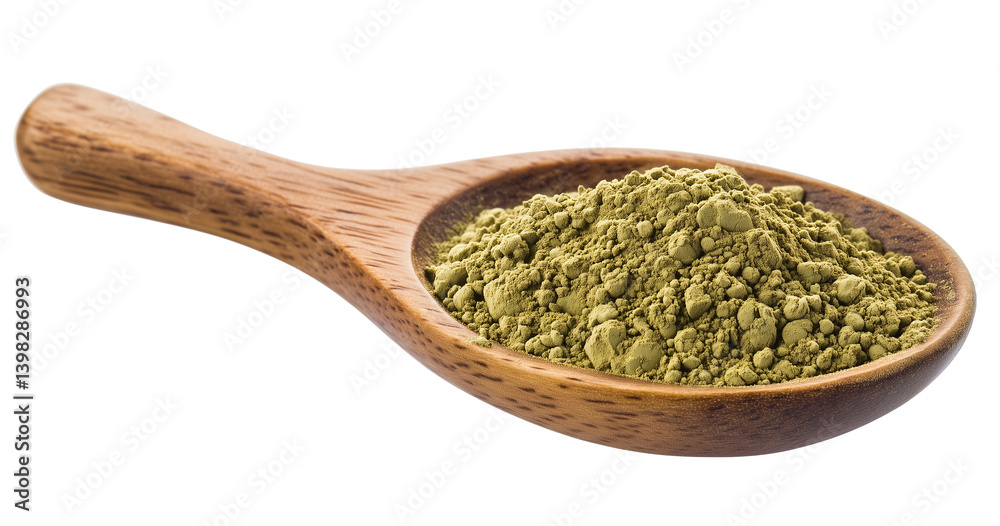 Wooden Spoon Filled with Green Powder Isolated on Transparent Background Wooden Spoon Filled with Green Powder Isolated on Transparent Background