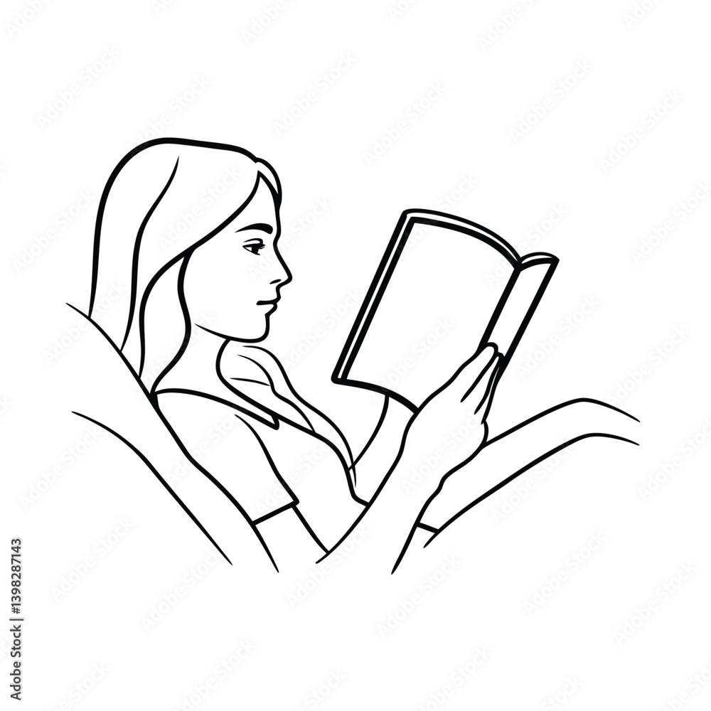 Woman Reading Book In Armchair Black And White Line Art Illustration Woman Reading Book In Armchair Black And White Line Art Illustration