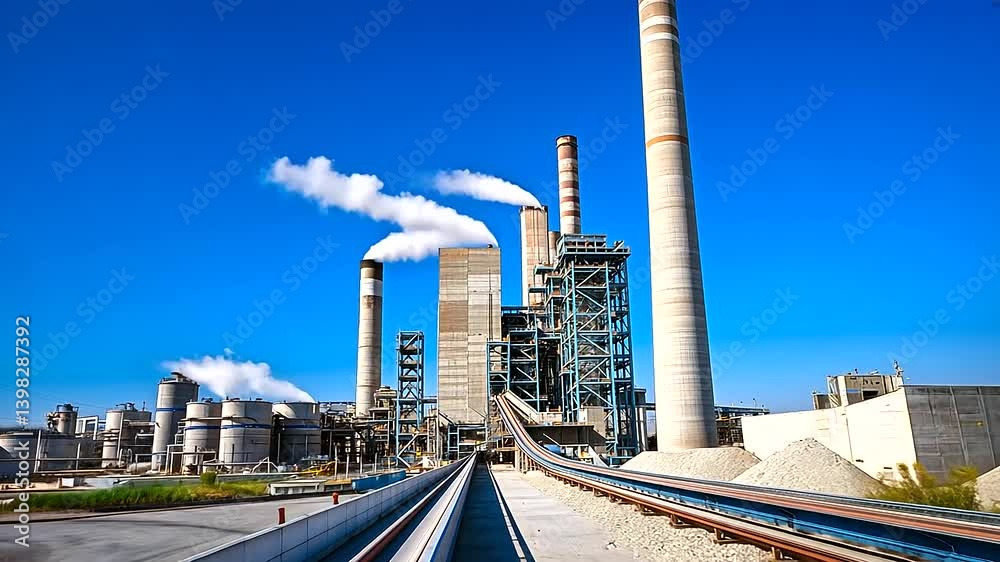 Wide-angle view of a large cement factory with towering chimneys, massive rotary kilns releasing heat waves, and industrial conveyor belts moving crushed limestone under a clear sk