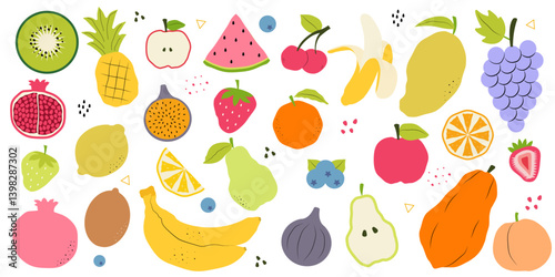 Fruit collection in flat hand drawn style. Vector fruits icon set isolated on white background
