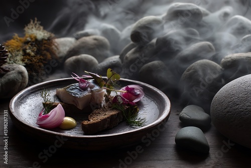 Smoked fish appetizer served on a rustic plate