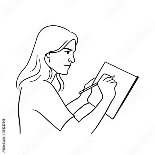 Young Woman Concentrating On Drawing With Pencil In Minimalist Outline Style