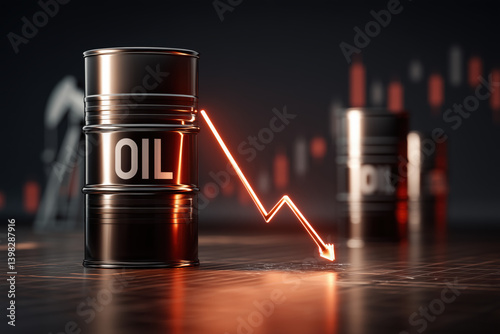 Symbolic drop in oil value shown through 3D barrels and a dramatic red line.

