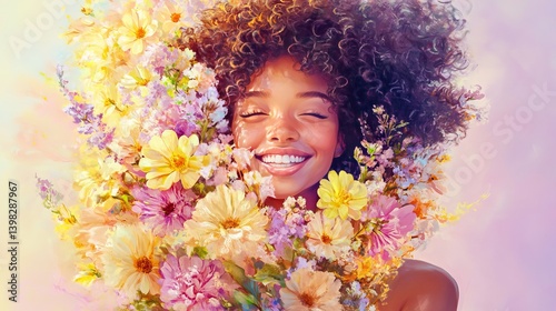 Joyful Woman Surrounded by a Burst of Colorful Flowers on a Soft Pastel Background