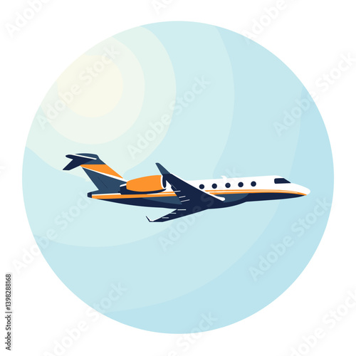 Private jet flying in a blue sky with bright sun  