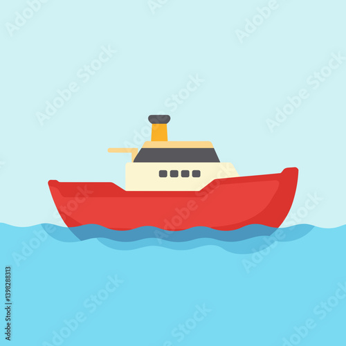 Cartoon red boat sailing on blue water background  