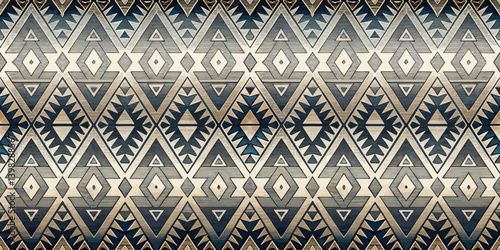 Geometric tribal pattern in shades of blue, beige, and cream.