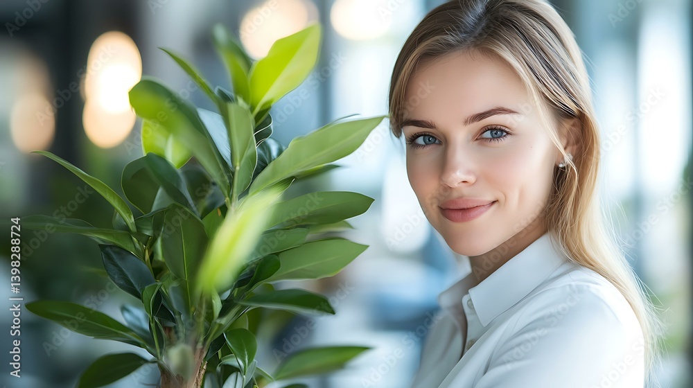 White-clad businesswoman enjoying peaceful act of decorating her indoor plant with soft tones White-clad businesswoman enjoying peaceful act of decorating her indoor plant with soft tones