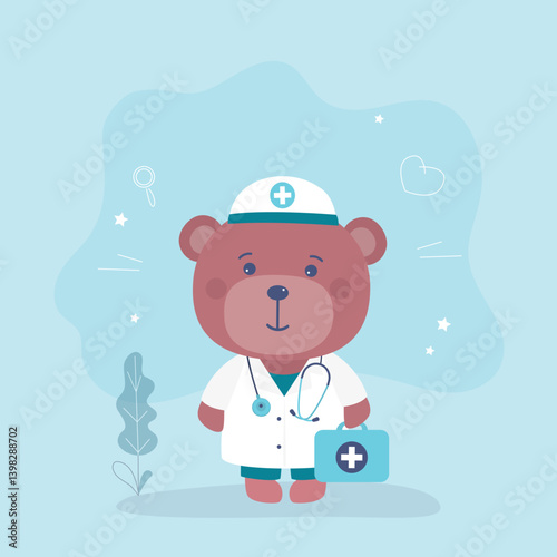Doctor teddy bear with stethoscope. Cute funny stuffed animal toy wearing white scrub. Funny bear animal, cute kids doctor or nurse. Medical children design