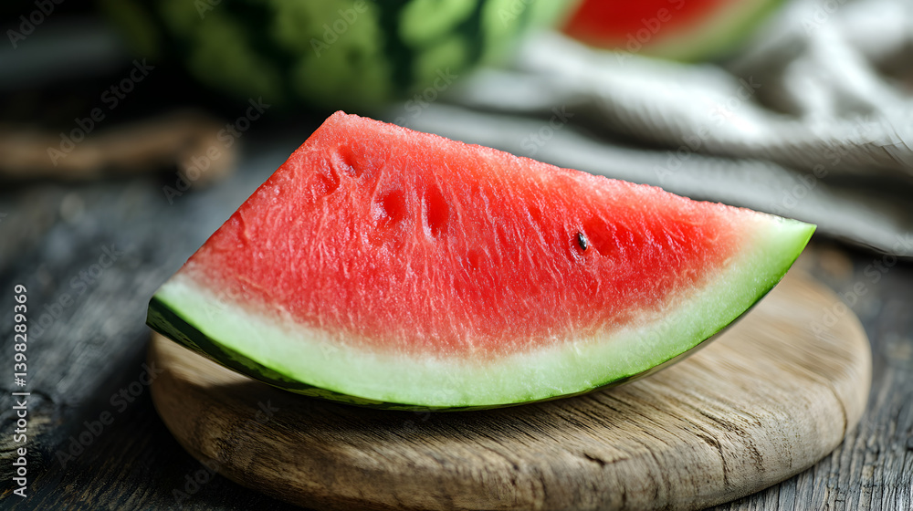 una rebanada de sandia deliciosa y jugosa fruta refrescante y tropical de sabor dulce sobre una tabla de madera para el verano una rebanada de sandia deliciosa y jugosa fruta refrescante y tropical de sabor dulce sobre una tabla de madera para el verano