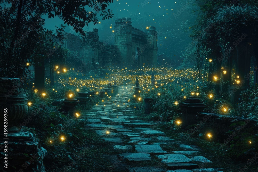 Obraz premium Enchanted stone path winds through ruins, illuminated by fireflies at night.