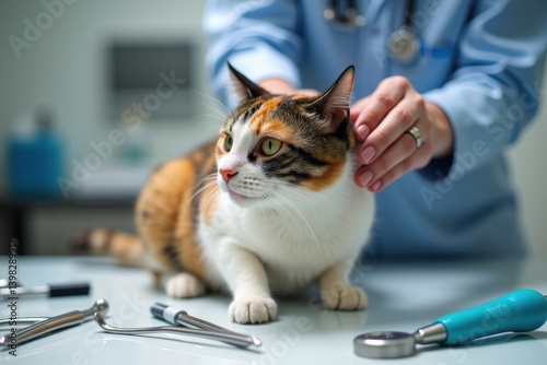 Veterinarian examines cat ear with otoscope tool
