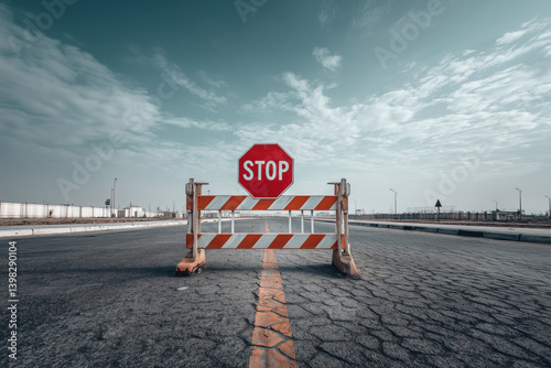 Roadblock with a red stop sign blocking a cracked road under a dramatic cloudy sky, symbolizing halted trade or transportation restrictions.

