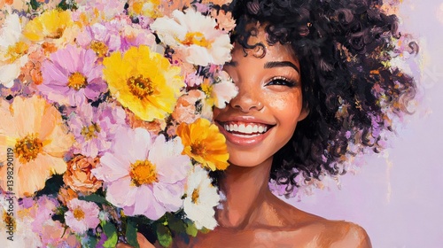 Radiant woman with curly hair and bouquet of pastel flowers on soft lilac background