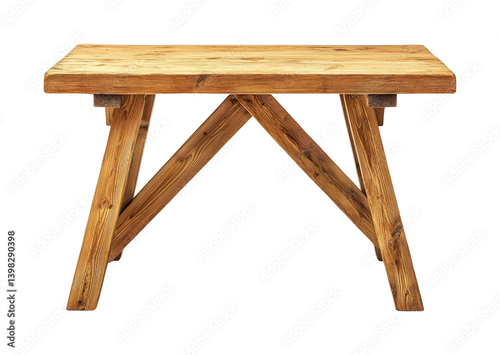 Crafted wooden table design home interior furniture rustic front view aesthetic appeal. Isolated on transparent background, png.