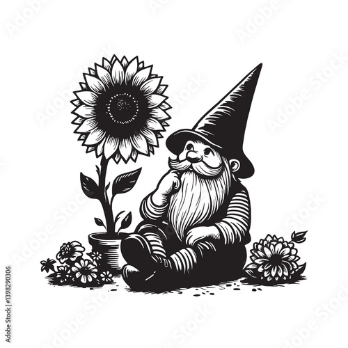 Black and white illustration of a gnome sitting beside a sunflower and various flowers.