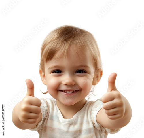 Joyful child giving thumbs up portrait bright environment cheerful concept. Isolated on transparent background, png.