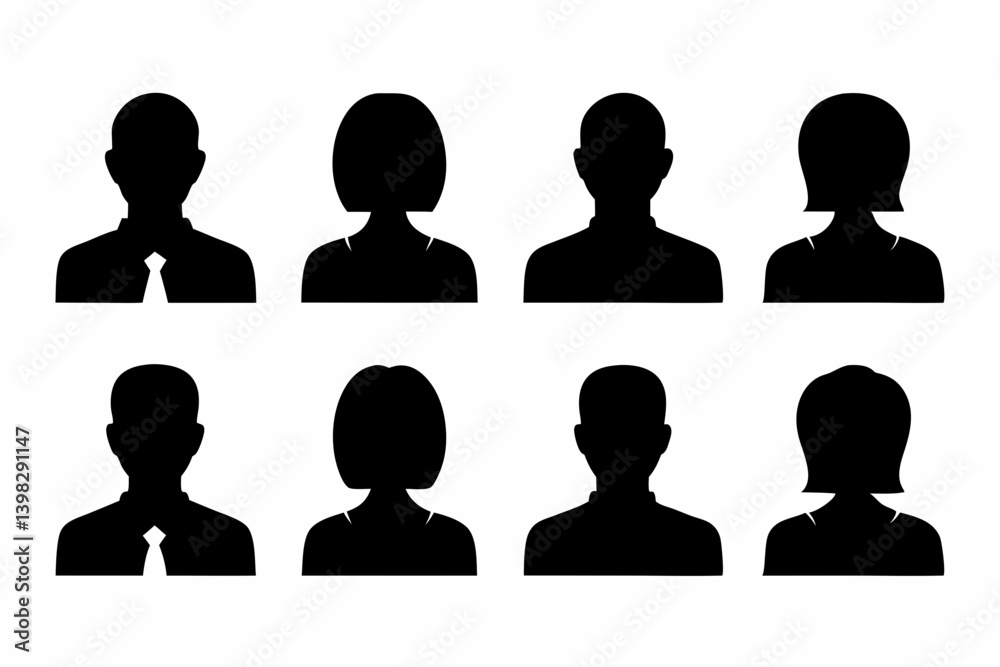 Silhouette Icons of Professional Male and Female Avatars in Business Attire on a White Background