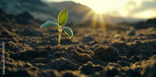 In the garden, a small tree grows under the warm light of sunrise, embodying the eco concept of Earth Day