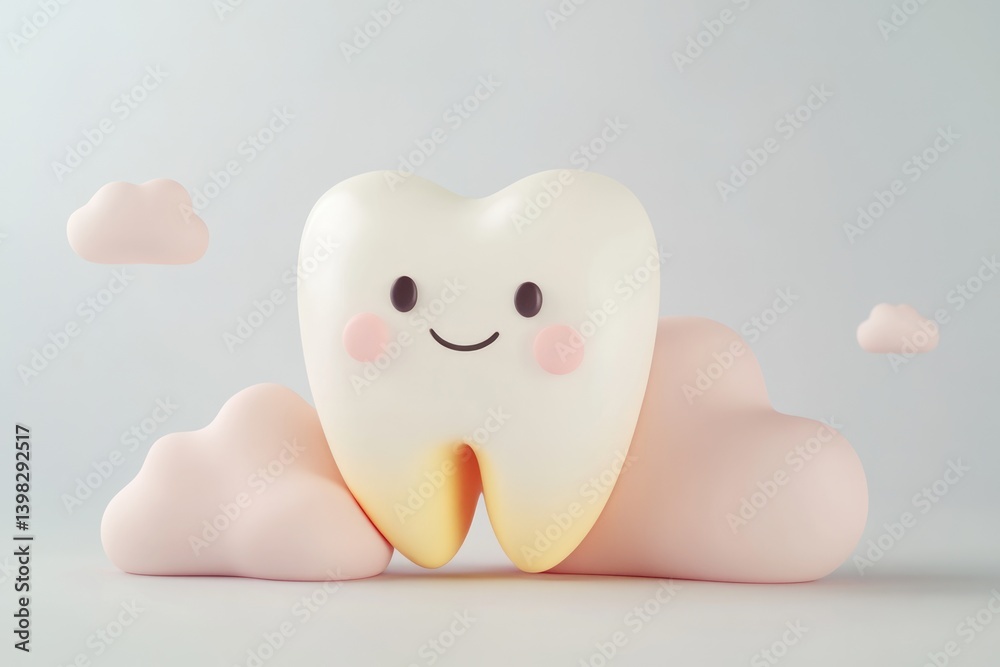 A happy cartoon tooth sits amidst soft pink clouds, promoting dental hygiene and care. A happy cartoon tooth sits amidst soft pink clouds, promoting dental hygiene and care.
