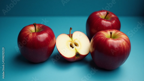 red apples on a blue background, one cut in half