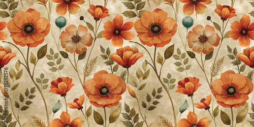 Vibrant orange floral pattern featuring poppies and greenery.