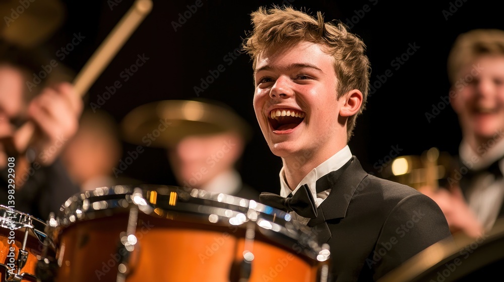 Drummer in a concert band playing percussion with enthusiasm Drummer in a concert band playing percussion with enthusiasm
