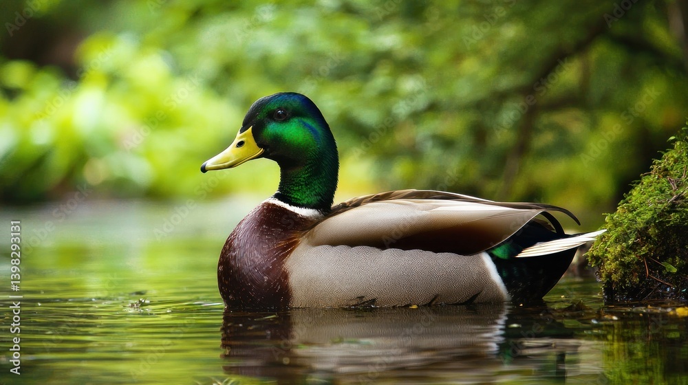 Obraz premium A wild duck resting by the water in a lush forest setting