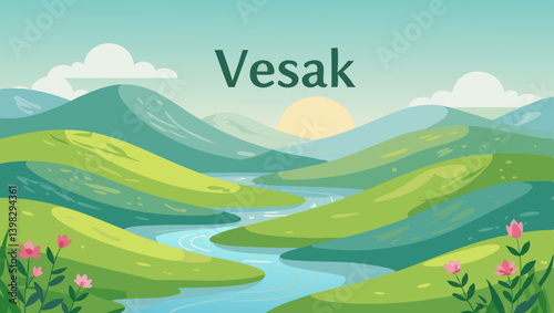*Serene watercolor nature landscape with soft hills and flowing rivers, tranquil Vesak-inspired background with copy space