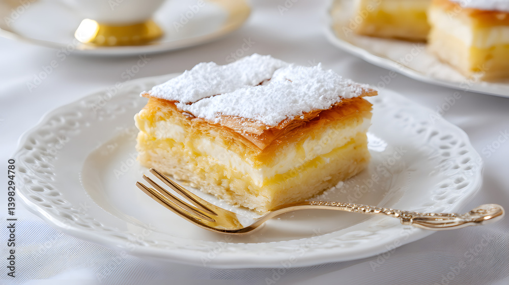 Delicate Krempita Dessert with Cream and Custard on Elegant White Plate with Golden Fork Delicate Krempita Dessert with Cream and Custard on Elegant White Plate with Golden Fork
