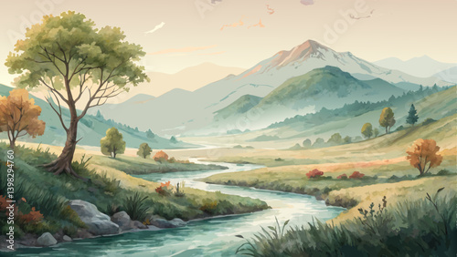 *Serene watercolor nature landscape with soft hills and flowing rivers, tranquil Vesak-inspired background with copy space