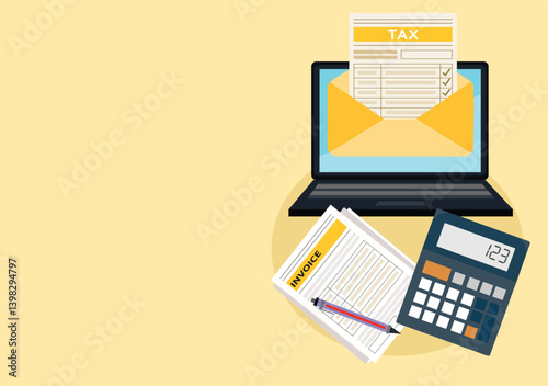 Income tax filing, tax filing form with calculator and laptop
