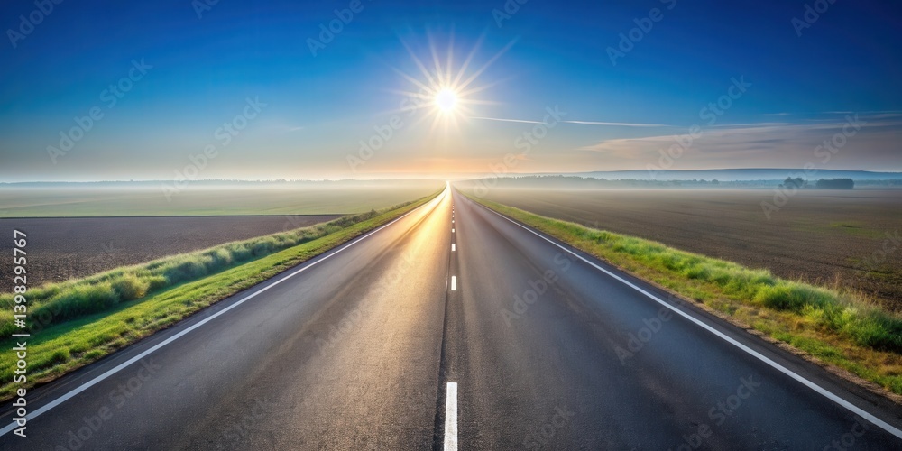 Naklejka premium Asphalt ribbon unwinding towards a radiant sunrise over a tranquil, misty field