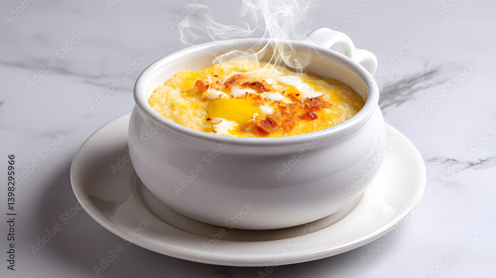 Creamy Cornmeal Mash with Cheese Topped with Golden Egg in a White Ceramic Bowl on Marble Surface Creamy Cornmeal Mash with Cheese Topped with Golden Egg in a White Ceramic Bowl on Marble Surface