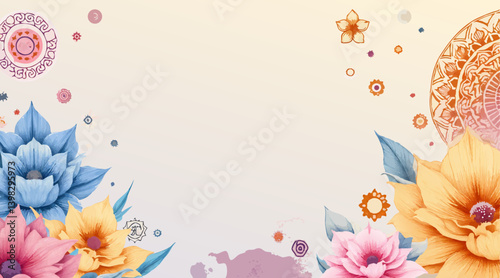 *Watercolor Buddhist symbols in gentle wash of colors, divine Vesak spiritual background with copy space* 