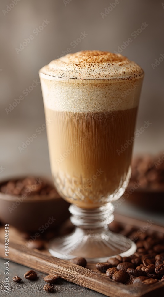 a mocha coffee cocktail surrounded by coffee beans a mocha coffee cocktail surrounded by coffee beans