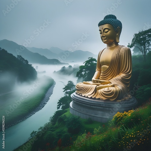 Aerial view of the golden Buddha statue  buildings in the forest and mountain range. 