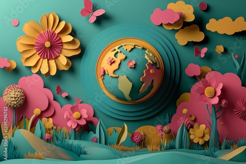 Earth Day is conceptualized with a paper cut style artwork of flowers and a butterfly, representing World Environment Day, generated by Generative Ai