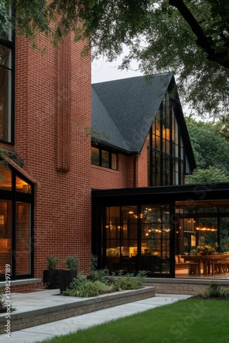 Modern brick house with large glass windows surrounded by greenery at dusk, showcasing a blend of natural and architectural beauty in a serene setting