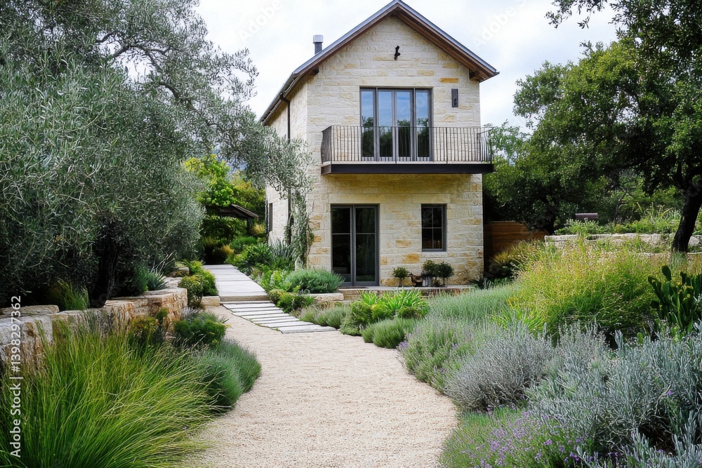 Modern stone house surrounded by lush greenery and a well-maintained pathway in a serene outdoor setting during daylight hours Modern stone house surrounded by lush greenery and a well-maintained pathway in a serene outdoor setting during daylight hours