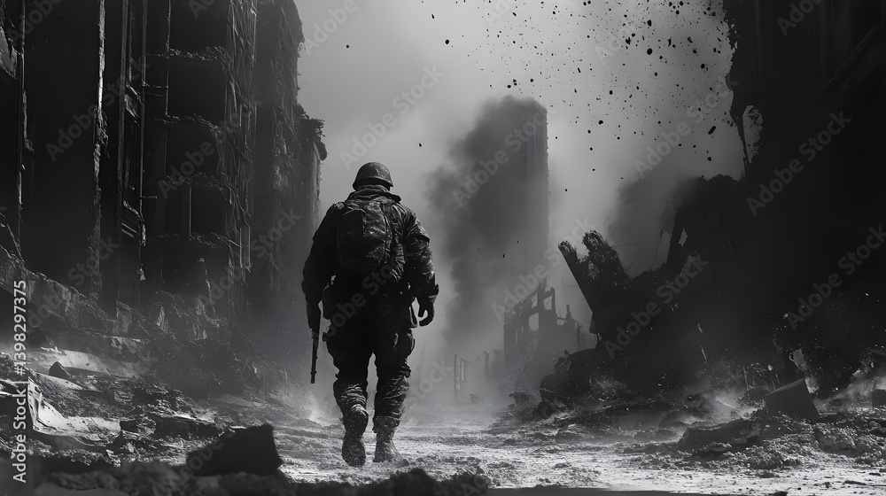 Obraz premium Solitary Warrior Amidst Ruins: A lone soldier trudges through a desolate urban landscape ravaged by conflict, the solemn grayscale capturing the desolation and resilience.