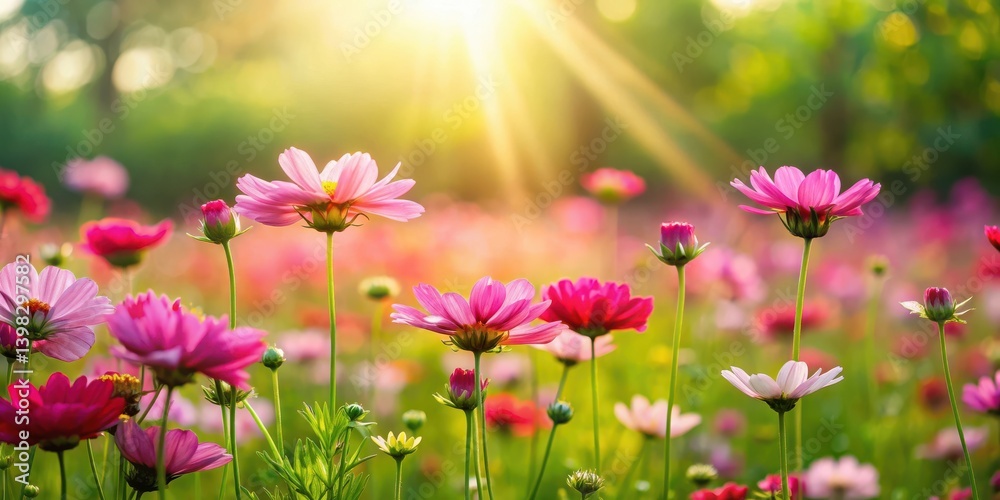 Fototapeta premium Radiant pink cosmos flowers bathed in the warm glow of a setting sun, a picturesque field of blossoms creating a breathtaking scene of natural beauty