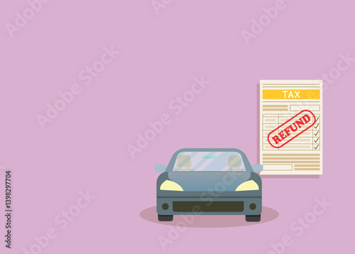  Blu car with refund tax bill.Tax refund car export.Vector illustration
