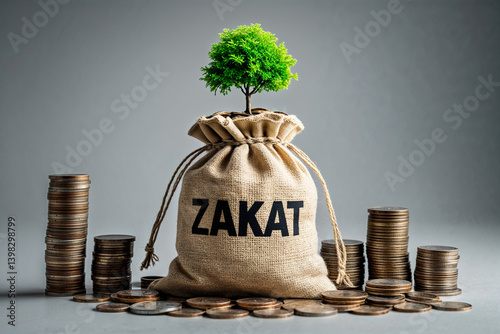 Zakat: A burlap sack brimming with coins, a thriving sapling sprouting from its top, symbolizing growth, prosperity, and charitable giving against a neutral background.