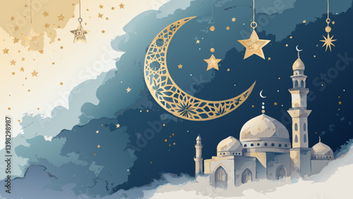 Ramadan crescent moon and stars in deep blue and gold watercolor, serene spiritual background with soft blending and copy space